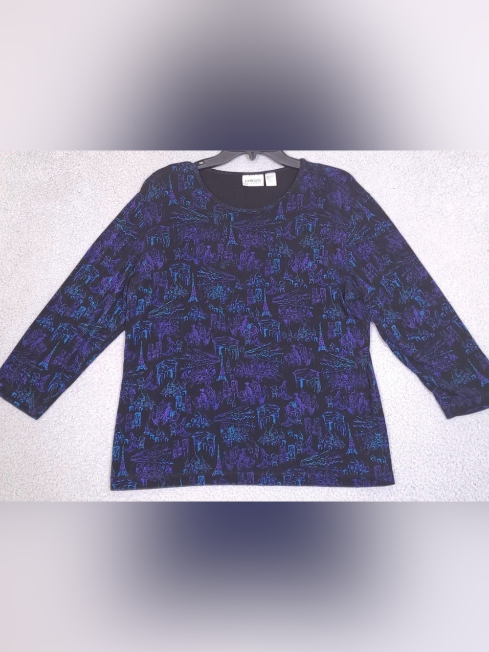 Chico's Travelers collection Long-Sleeve Tee with Purple and Teal Sketch Print
